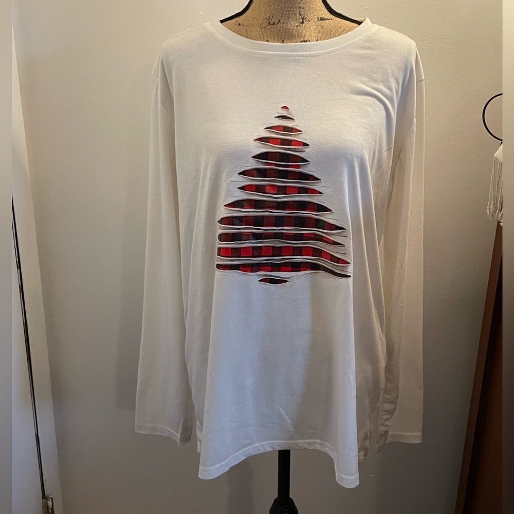 Women’s White Long Sleeve Tee with Red Plaid Tree Cutout Detail